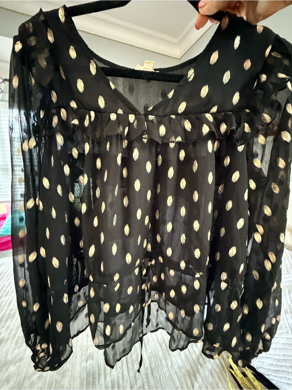 Sheer Black Blouse with Metallic Gold Dot Accent